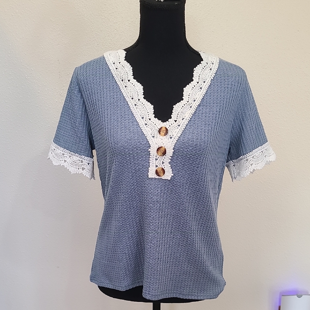 NWT - Blue Women's Top with Lace Trim